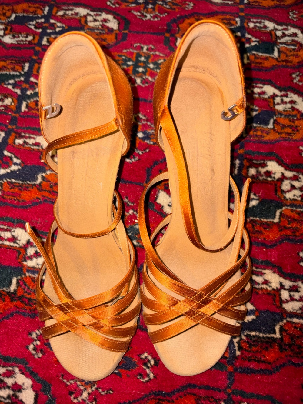 Strappy Satin Heeled Ballroom Dancing Shoes in Copper Tone